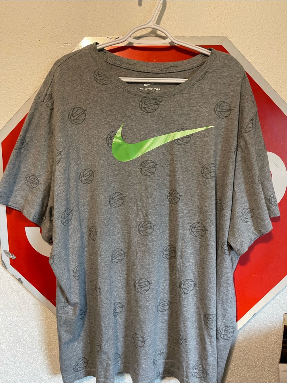 Nike Men's Gray Short Sleeve Tee with Neon Green Swoosh